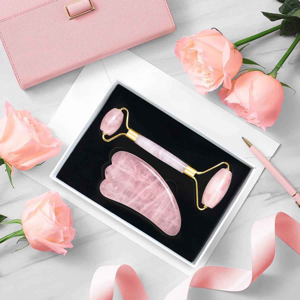 Rose Quartz Jade Roller & Gua Sha Set - Anti-Aging Facial Massage Tool for Slimming & Skin Care