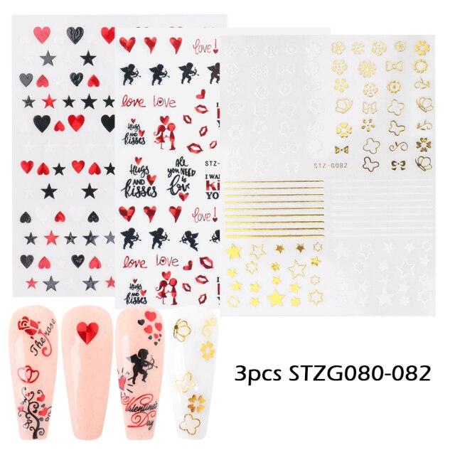 Qfdian Romantic Valentines Day 3D Love Rose Leopard Flower Laser Nail Stickers