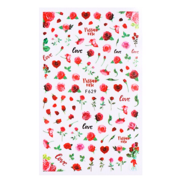 Qfdian Romantic Valentines Day 3D Love Rose Leopard Flower Laser Nail Stickers
