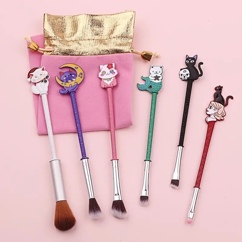 6pcs Cute Cat Makeup Brushes Set - Synthetic Fiber Beauty Tool Kit