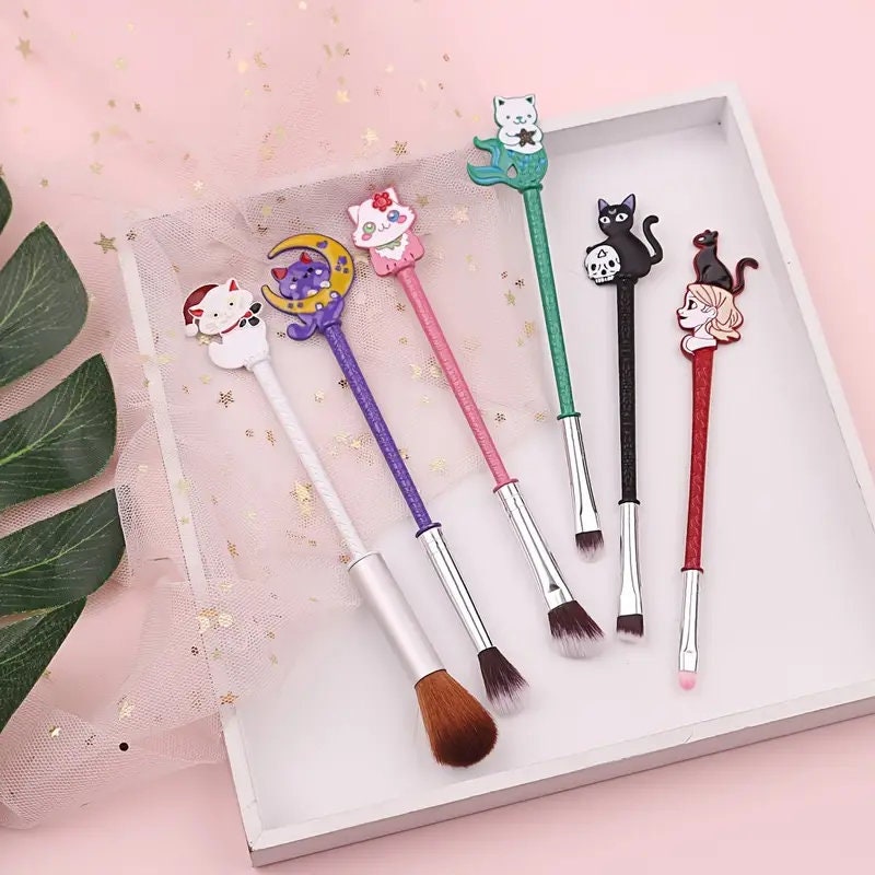 6pcs Cute Cat Makeup Brushes Set - Synthetic Fiber Beauty Tool Kit