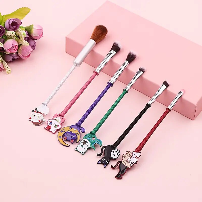 6pcs Cute Cat Makeup Brushes Set - Synthetic Fiber Beauty Tool Kit