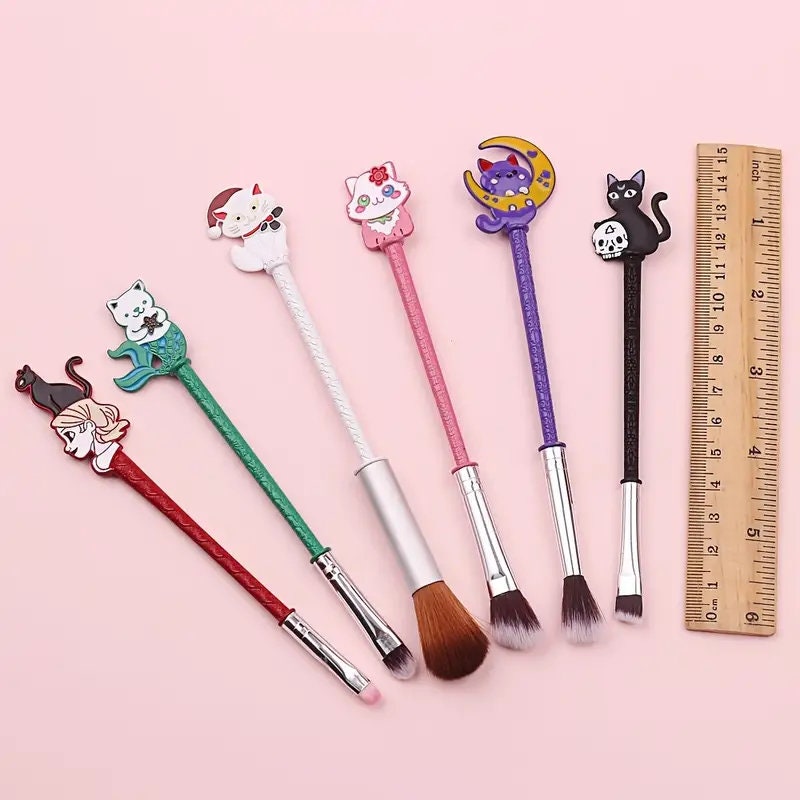6pcs Cute Cat Makeup Brushes Set - Synthetic Fiber Beauty Tool Kit