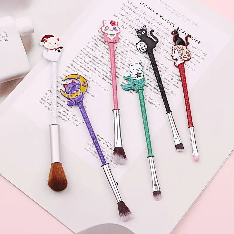 6pcs Cute Cat Makeup Brushes Set - Synthetic Fiber Beauty Tool Kit