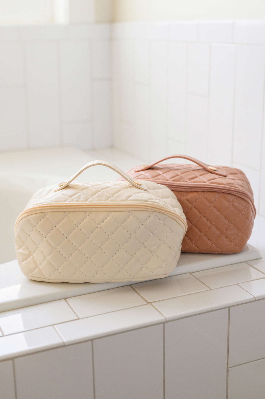 Large Capacity Quilted Makeup Bag in Cream - Waterproof & Stylish