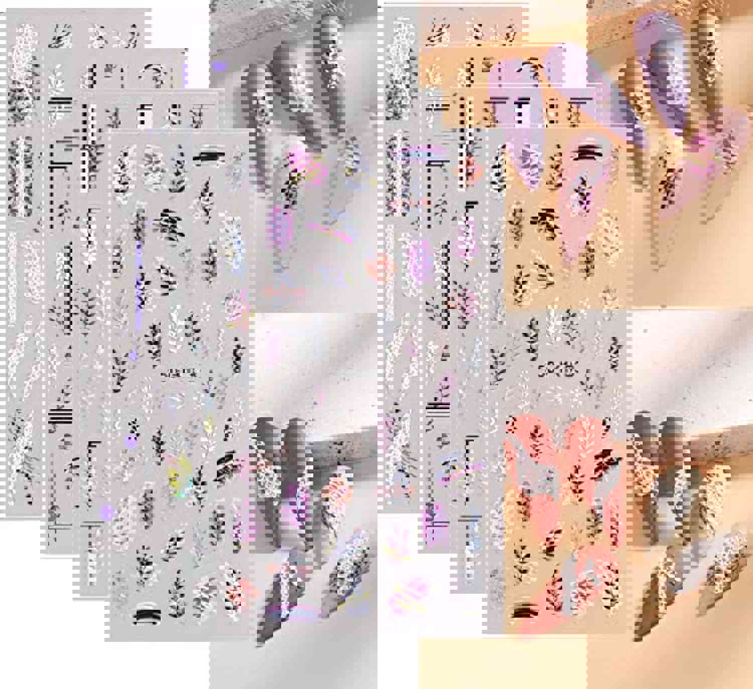 5D Exquisite Embossed Leaves Nail Art Stickers - 4 Sheets (White, Black, Purple, Pink, Foliage Design)