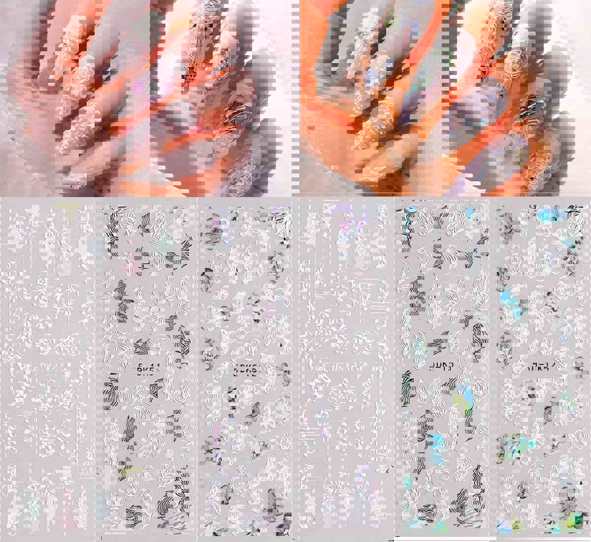 5D Exquisite Embossed Leaves Nail Art Stickers - 4 Sheets (White, Black, Purple, Pink, Foliage Design)