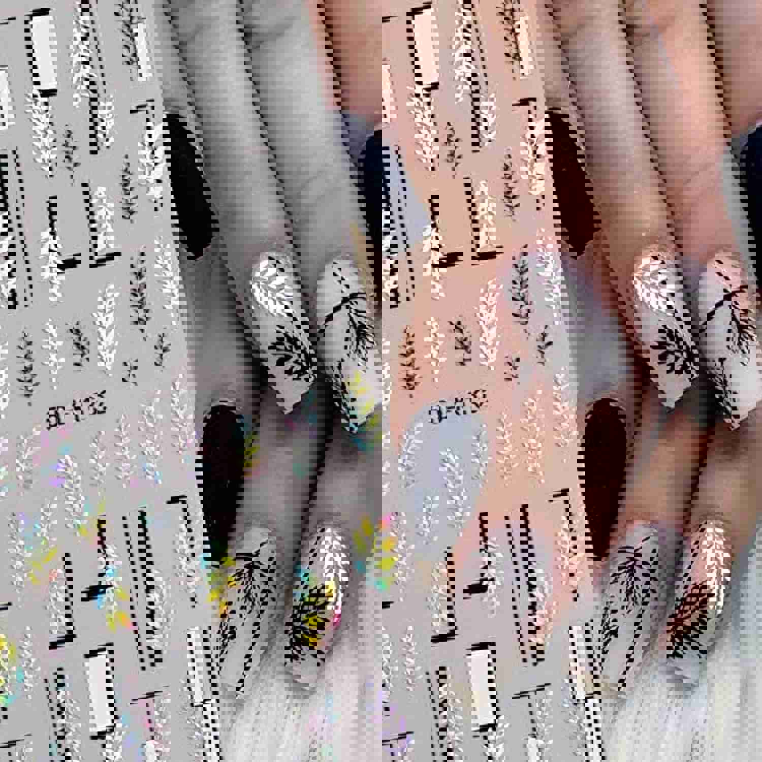 5D Exquisite Embossed Leaves Nail Art Stickers - 4 Sheets (White, Black, Purple, Pink, Foliage Design)