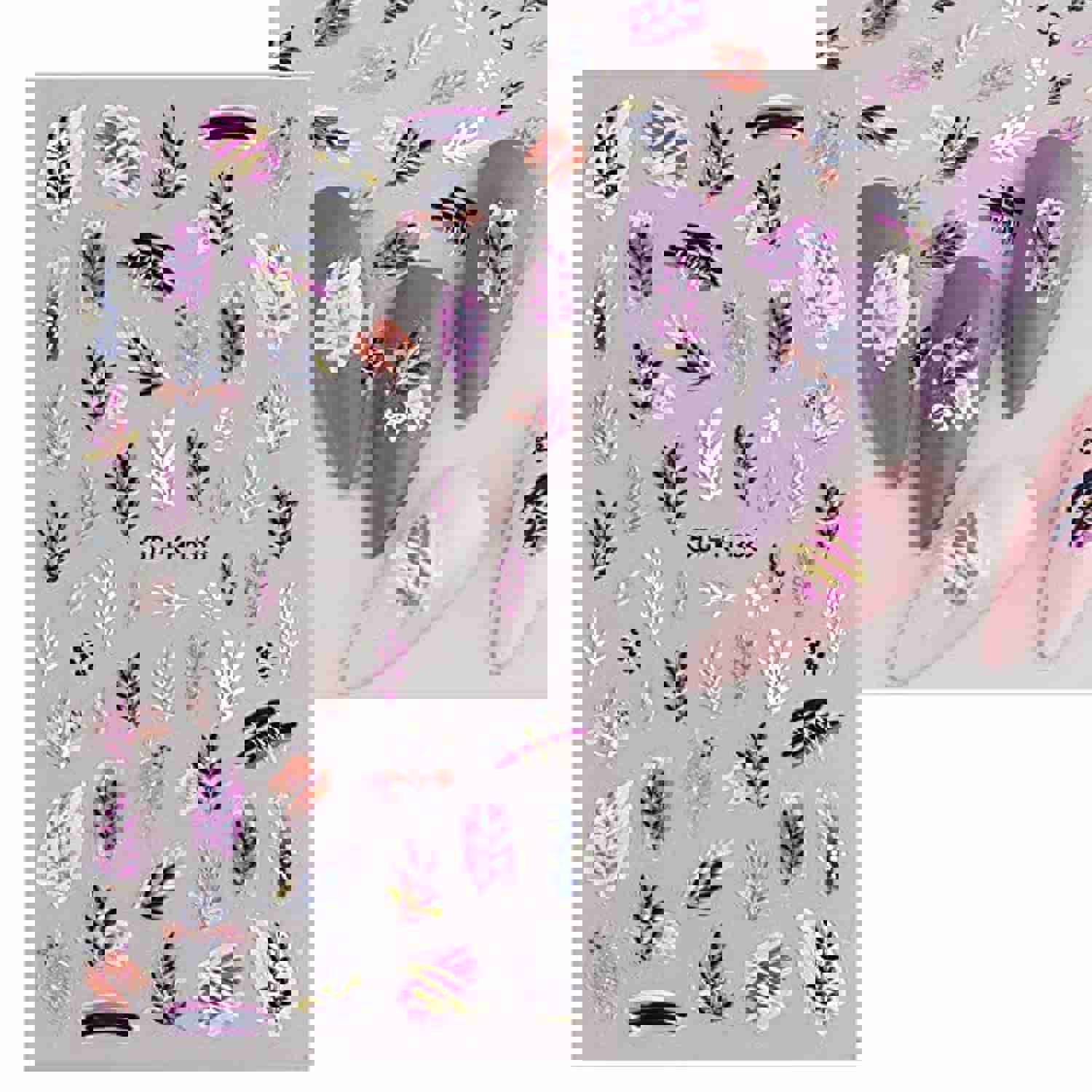 5D Exquisite Embossed Leaves Nail Art Stickers - 4 Sheets (White, Black, Purple, Pink, Foliage Design)