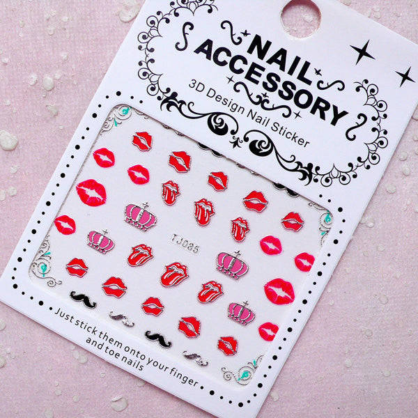 Sexy Nail Sticker (Lips, Crown, Mustache / Silver) for Nail Art and DIY Crafts