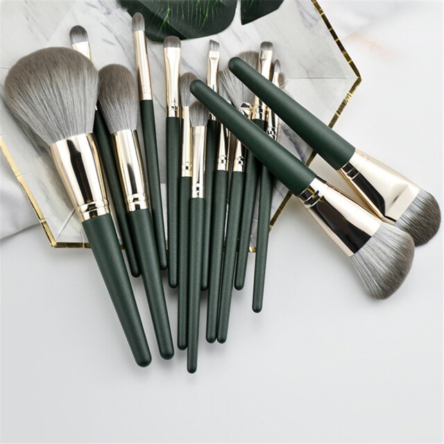 14pcs Professional Green Makeup Brushes Set - Soft Synthetic Hair for Flawless Makeup Application