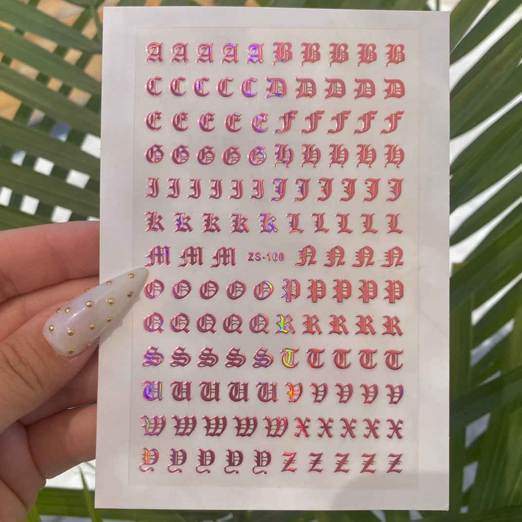 Pink Old English Letters Nail Stickers